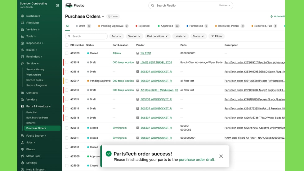 Fleetio Purchase Orders dashboard showing order statuses, vendors, parts, and locations, with a confirmation message stating, “PartsTech order success! Please finish adding your parts to the purchase order draft.”