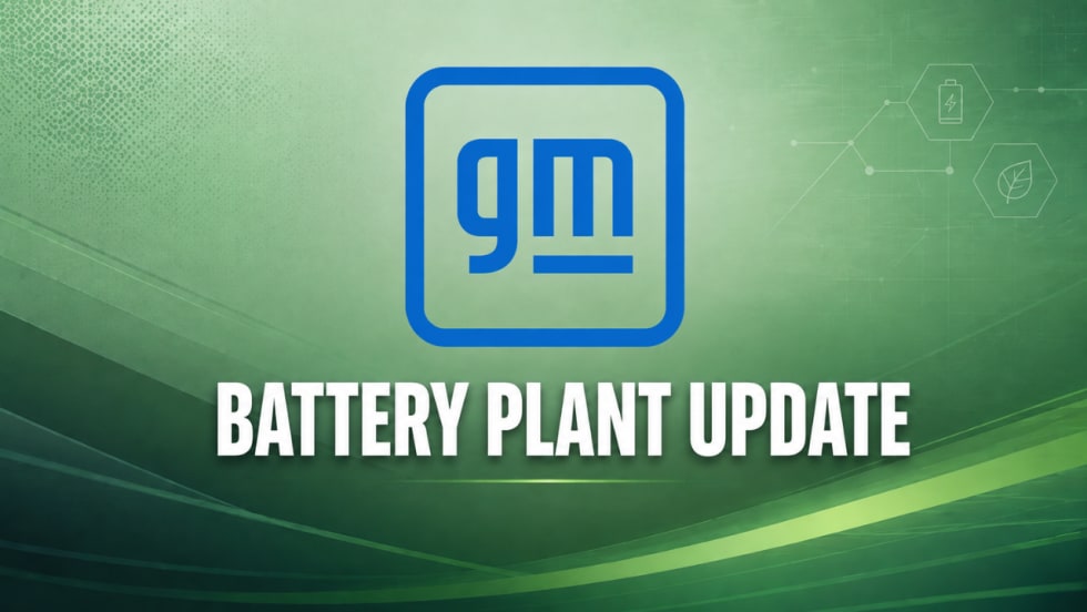 GM logo above “Battery Plant Update” on a green energy-themed graphic with battery and sustainability icons.