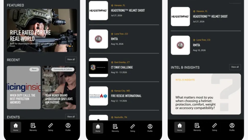 Three smartphone screens display the Team Wendy community app, featuring tactical gear content, upcoming events, news, surveys, and navigation tools for warranty, sizing, and user profiles.