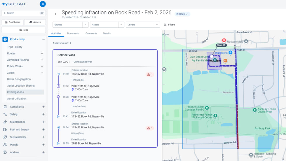 Screenshot of Geotab Investigations showing a speeding infraction case for a service van, with a timeline of vehicle activity alongside a mapped route and incident location.