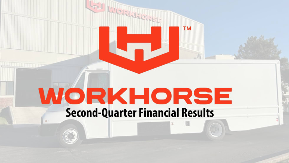 Workhorse second-quarter financial results graphic featuring the company logo over a white commercial delivery truck parked outside a Workhorse facility.