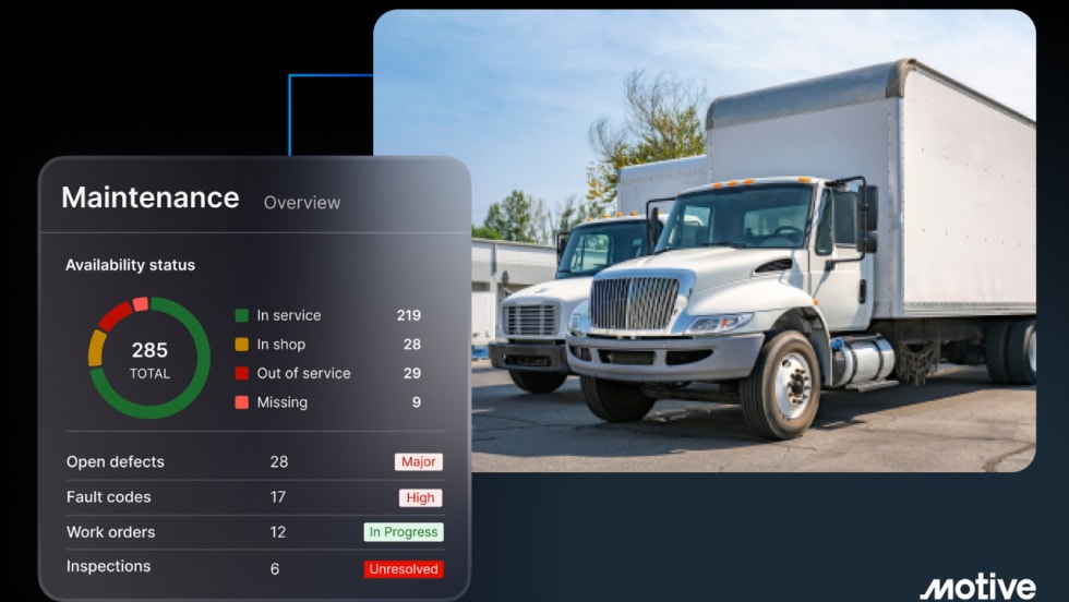 Motive Maintenance graphic showing two white box trucks alongside a fleet maintenance dashboard displaying vehicle availability, open defects, fault codes, work orders, and inspections.