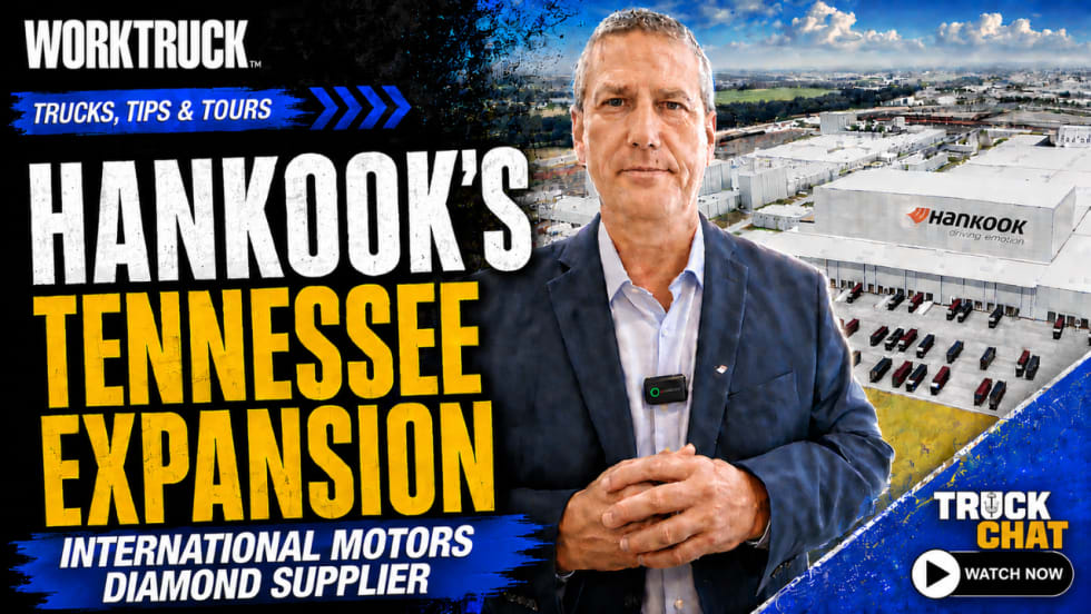 Work Truck Trucks, Tips & Tours thumbnail featuring a man in front of Hankook’s Tennessee facility, with the headline “Hankook’s Tennessee Expansion” and “International Motors Diamond Supplier.”