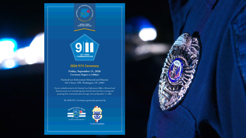 National Law Enforcement Officers Memorial Fund graphic for the 2026 9/11 commemoration ceremony beside a close-up of a police officer’s badge, with blurred emergency lights in the background.