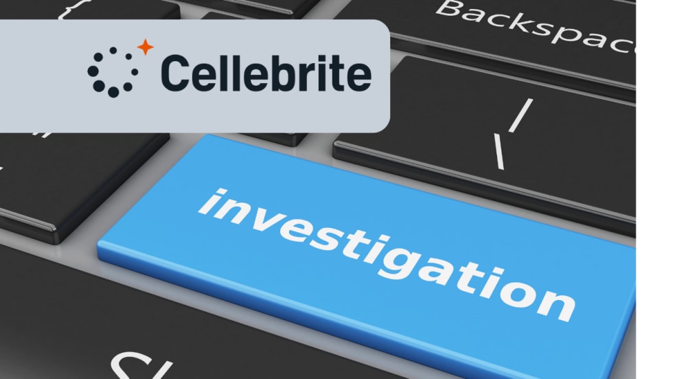 Cellebrite logo over a close-up computer keyboard featuring a large blue “investigation” key, illustrating digital investigation technology and forensic tools.