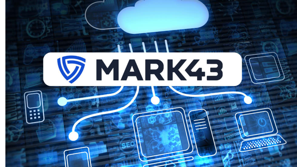 Mark43 logo over a blue digital technology background featuring a cloud and connected computer, laptop, smartphone, and other device icons.