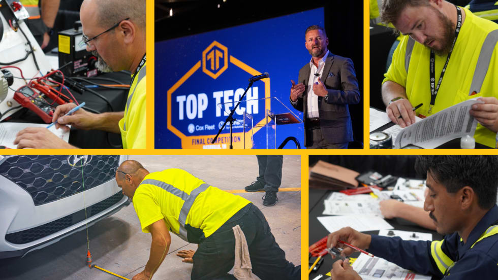 Collage from the Cox Automotive Top Tech competition showing technicians completing hands-on automotive challenges and paperwork, alongside a speaker presenting on stage.