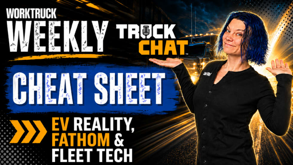 Work Truck Weekly Truck Chat Cheat Sheet thumbnail featuring Lauren Fletcher with blue hair and raised hands beside a work truck, with callouts for Ram under $40K, tariffs, and AI maintenance.