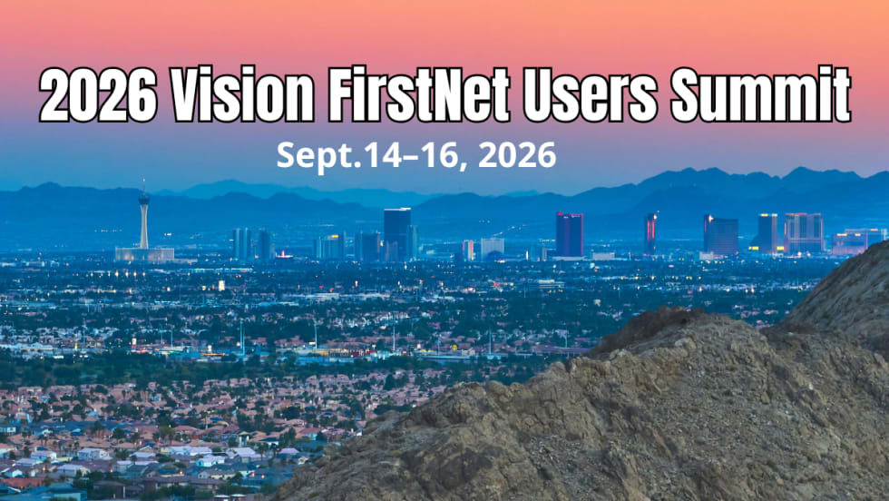 Graphic promoting the 2026 Vision FirstNet Users Summit, Sept. 14–16, 2026, over a panoramic view of the Las Vegas skyline at dusk with mountains in the background.