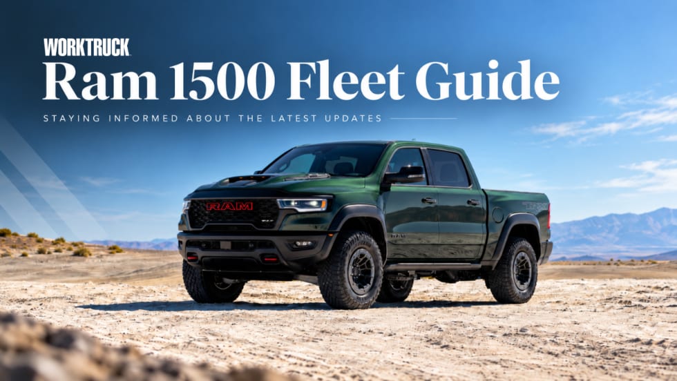 Dark green Ram 1500 pickup parked in a desert landscape beneath the words “Ram 1500 Fleet Guide.”