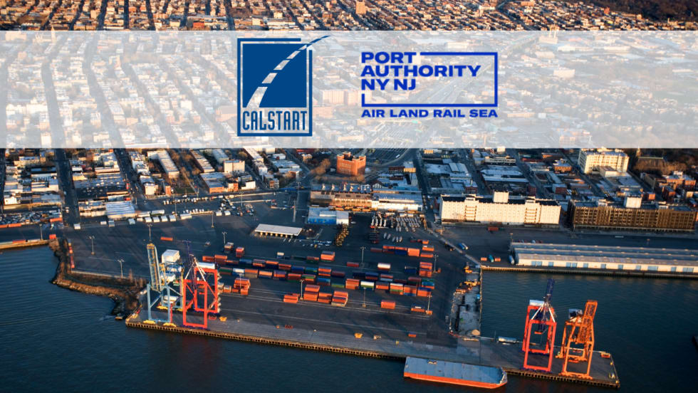 Aerial view of a New York-New Jersey port terminal with shipping containers and cranes, overlaid with CALSTART and Port Authority of NY & NJ logos.