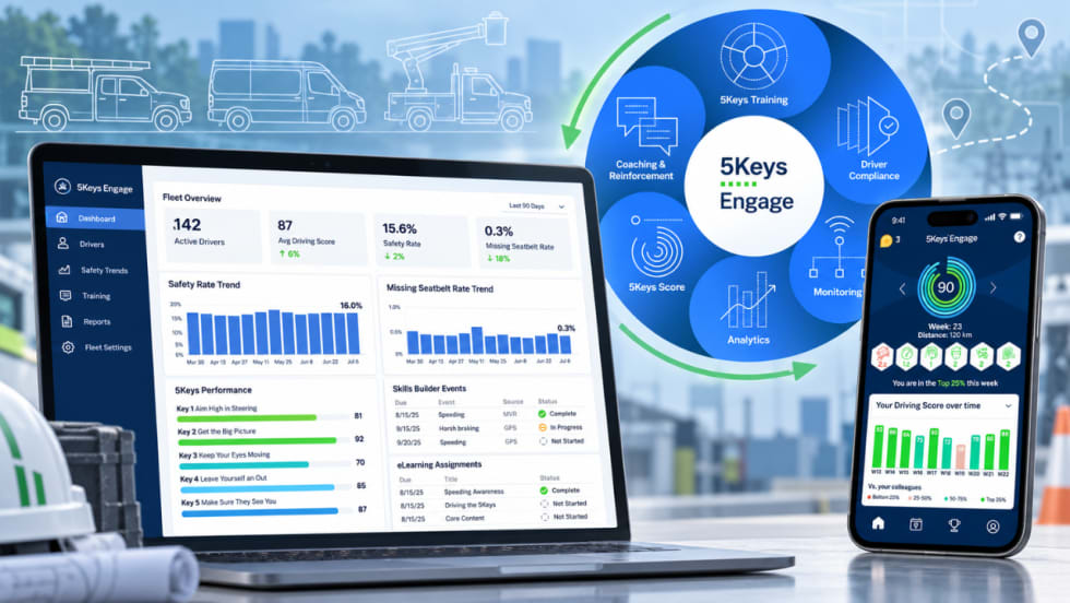 Smith System 5Keys Engage safety dashboard and mobile app shown with its training, monitoring, analytics, coaching, and compliance framework for mixed work truck fleets.