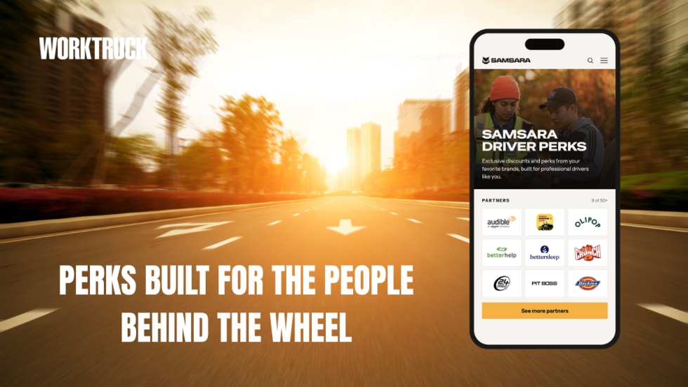 Graphic showing Samsara Driver Perks on a smartphone beside a roadway, with the Work Truck callout “Perks Built for the People Behind the Wheel.”