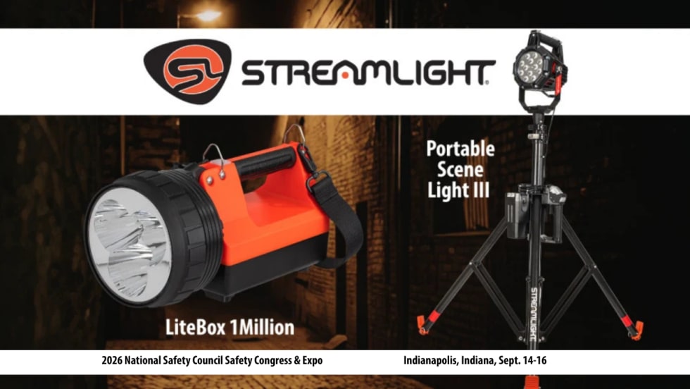 Streamlight promotional graphic featuring the LiteBox 1 Million handheld light and Portable Scene Light III, highlighting products displayed for the 2026 National Safety Council Safety Congress & Expo in Indianapolis, Sept. 14–16.