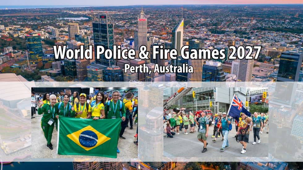 Graphic promoting the 2027 World Police & Fire Games in Perth, Australia, featuring an aerial city view and photos of international participants carrying Brazilian and Australian flags.