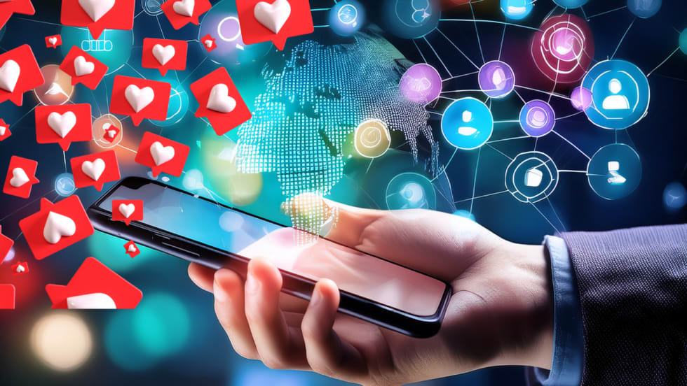 Social media icons and a man holding a smart phone