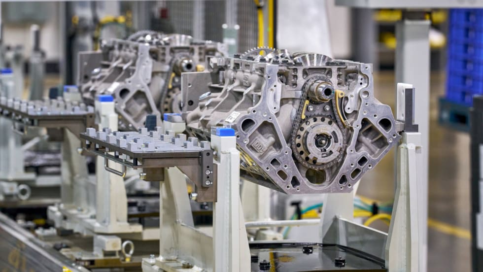 Sixth-generation GM V-8 engine blocks move through the assembly line at Flint Engine Operations.