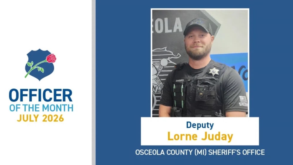 Officer of the Month graphic honoring Deputy Lorne Juday of the Osceola County, Michigan, Sheriff’s Office for July 2026, featuring a portrait of Juday in uniform.