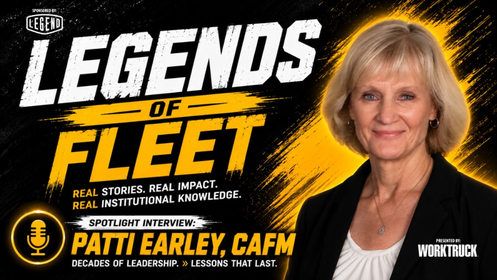 Patti Earley, CAFM, appears beside the “Legends of Fleet” title on a black and gold interview thumbnail. LEGEND and Work Truck logos are also shown.