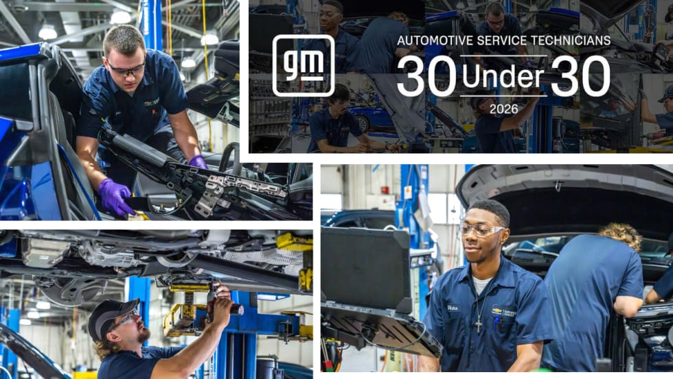 GM 30 Under 30 graphic featuring automotive service technicians working on vehicles in a service facility, highlighting the 2026 recognition program for young technicians.