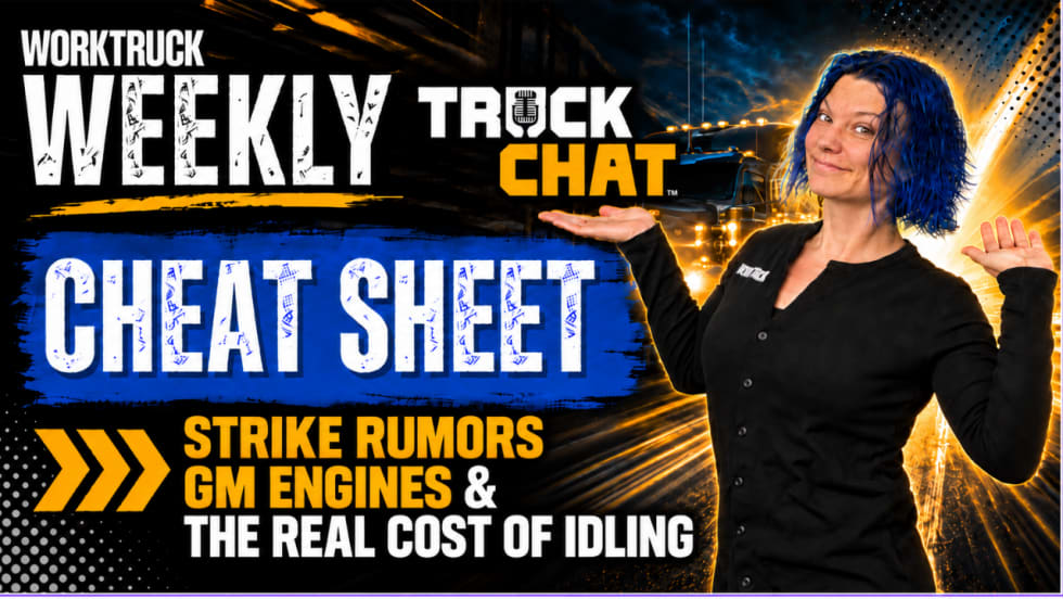 Work Truck Weekly Truck Chat Cheat Sheet thumbnail featuring Lauren Fletcher with callout text highlighting strike rumors, GM engines, and the real cost of idling.