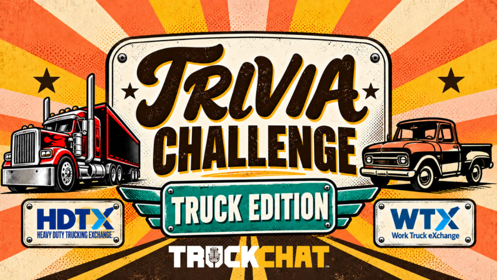 Retro-style Truck Trivia Challenge thumbnail featuring a red semi-truck and vintage orange pickup truck against an orange and yellow sunburst background. Large text reads “Trivia Challenge” and “Truck Edition,” with Heavy Duty Trucking Exchange (HDTX) and Work Truck Exchange (WTX) logos at the bottom.