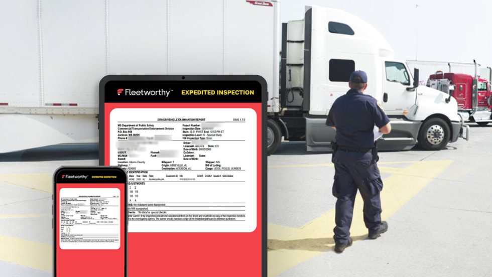 Fleetworthy Expedited Inspection graphic featuring a commercial vehicle inspector walking toward a white semi-truck, with tablet and smartphone displays showing digital driver vehicle examination reports.