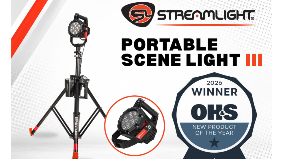 Streamlight Portable Scene Light III featuring a tripod-mounted LED work light and close-up product view, with a badge recognizing it as the 2026 OH&S New Product of the Year winner.