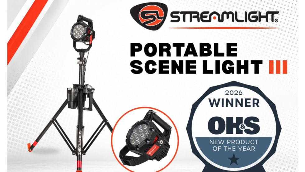 Streamlight Portable Scene Light III displayed on a tripod with a close-up of its LED light head, alongside a badge recognizing it as the 2026 OH&S New Product of the Year winner.