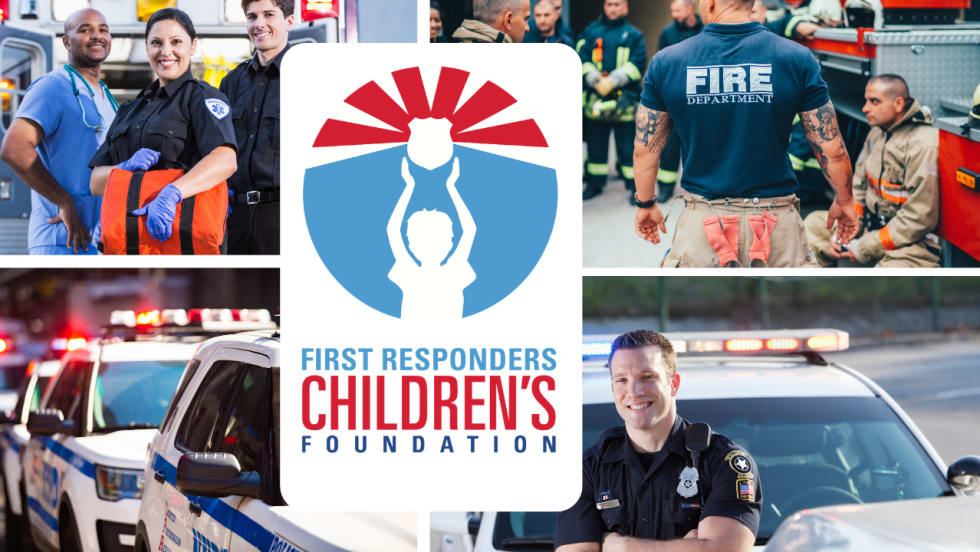 Collage featuring paramedics, firefighters, police officers, and emergency vehicles surrounding the First Responders Children’s Foundation logo, highlighting the organization’s support for families of first responders.