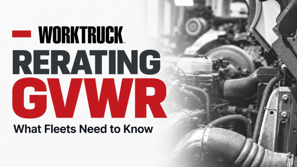 Work Truck graphic with a truck engine and the text “Rerating GVWR — What Fleets Need to Know.”