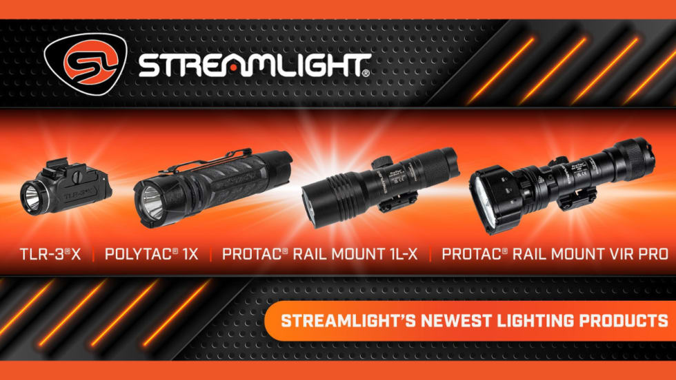 Streamlight promotional graphic showcasing four lighting products: TLR-3X, PolyTac 1X, ProTac Rail Mount 1L-X, and ProTac Rail Mount VIR Pro, displayed against an orange and black background with the Streamlight logo.