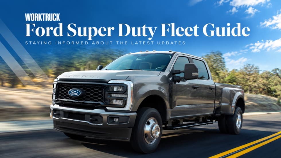 Gray Ford Super Duty dual-rear-wheel pickup driving on a road beneath the headline “Ford Super Duty Fleet Guide.”