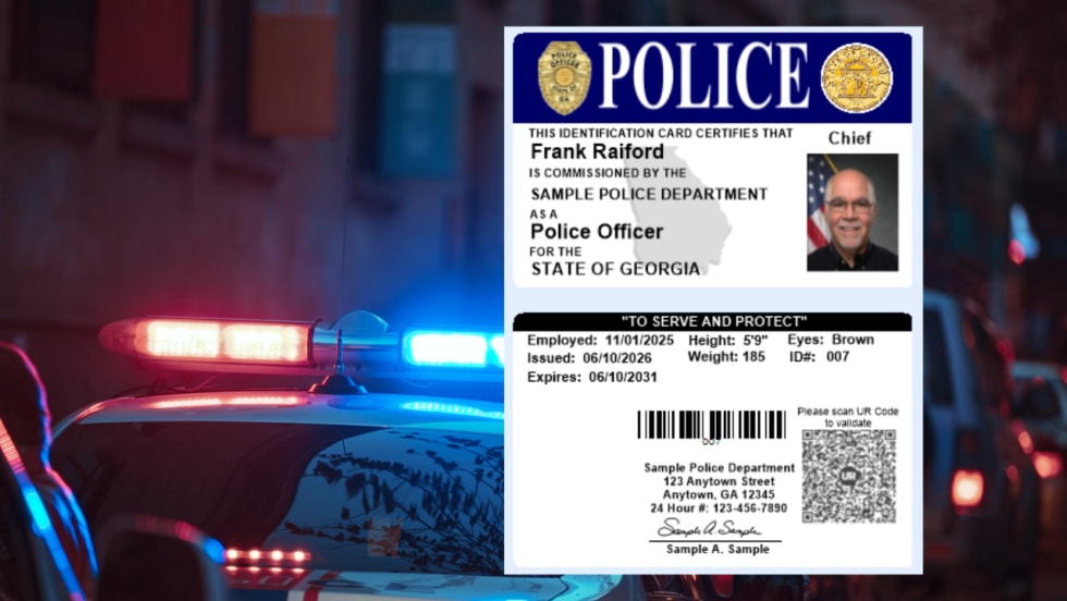 Sample Georgia police officer identification card featuring a chief’s photograph, badge, credentials, barcode, and QR code, displayed over a nighttime police vehicle with flashing red and blue emergency lights.