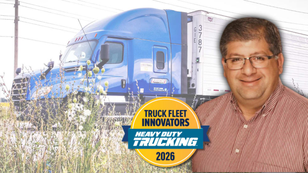 Deen Albert in collared shirt superimposed on background showing a Grand Island Express blue tractor pulling a trailer, plus the HDT Truck Fleet Innovators 2026 logo