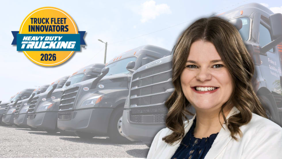 Woman in white blazer superimposed on background showing a row of Fraley & Schilling truck, plus the HDT Truck Fleet Innovators 2026 logo
