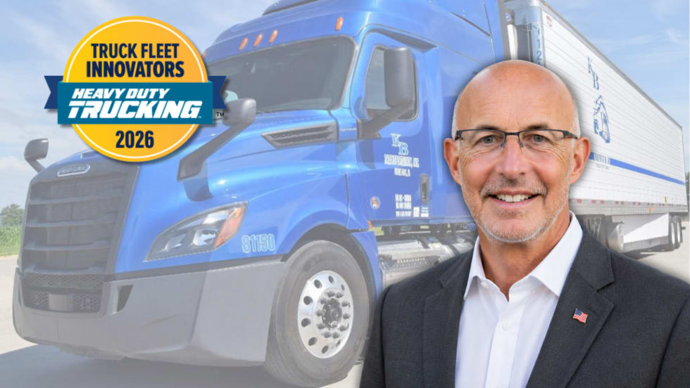 Lance Evans in suit jacket superimposed on background showing a blue K&B tractor-trailer, plus the HDT Truck Fleet Innovators 2026 logo