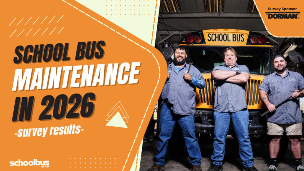 three school bus maintenance staff stands in front of a school bus next to text that reads "school bus maintenance in 2026 survey results" with the SBF logo