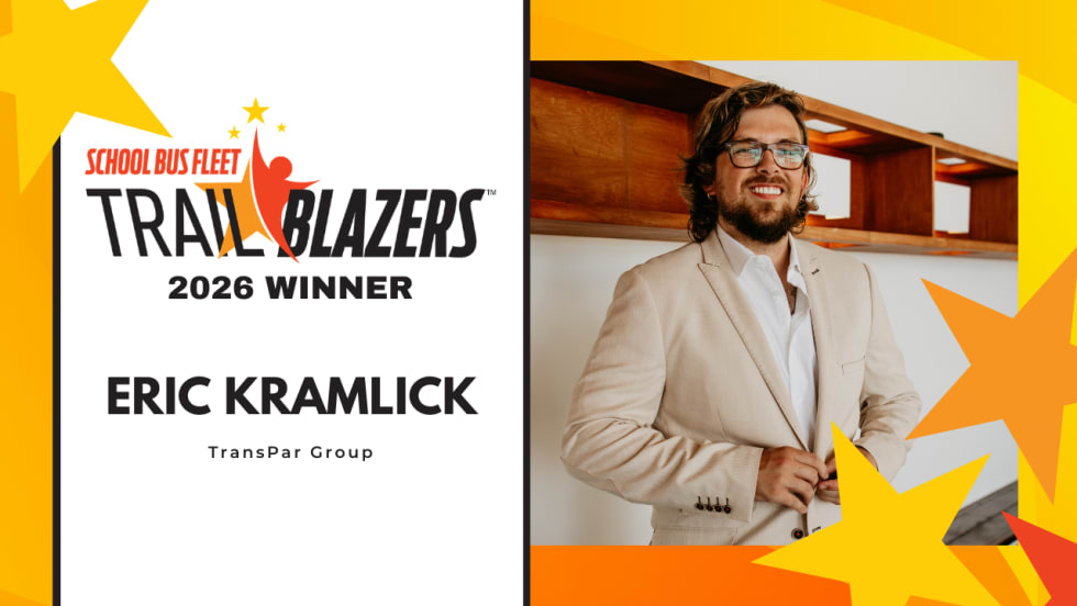Eric Kramlick of TransPar Group recognized as a 2026 School Bus Fleet Trailblazers winner, shown in a headshot alongside the Trailblazers award graphic.