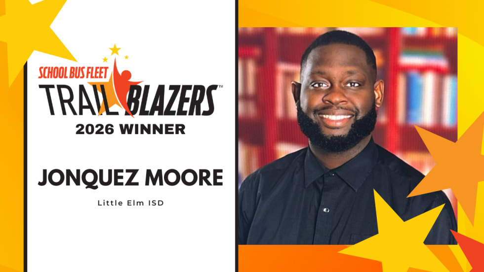 Jonquez Moore of Little Elm ISD recognized as a 2026 School Bus Fleet Trailblazers winner, shown in a headshot with the School Bus Fleet Trailblazers award graphic.