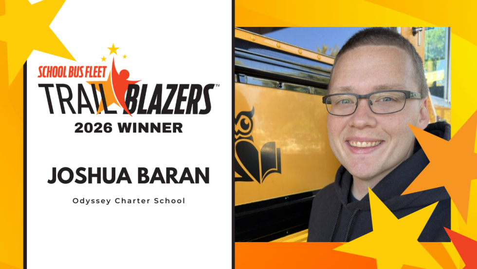 Joshua Baran of Odyssey Charter School recognized as a 2026 School Bus Fleet Trailblazers winner, pictured in a headshot next to the Trailblazers award graphic.