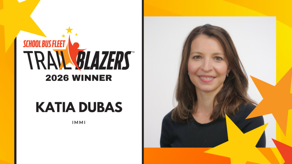 Katia Dubas of IMMI recognized as a 2026 School Bus Fleet Trailblazers winner, shown in a headshot alongside the Trailblazers award graphic.