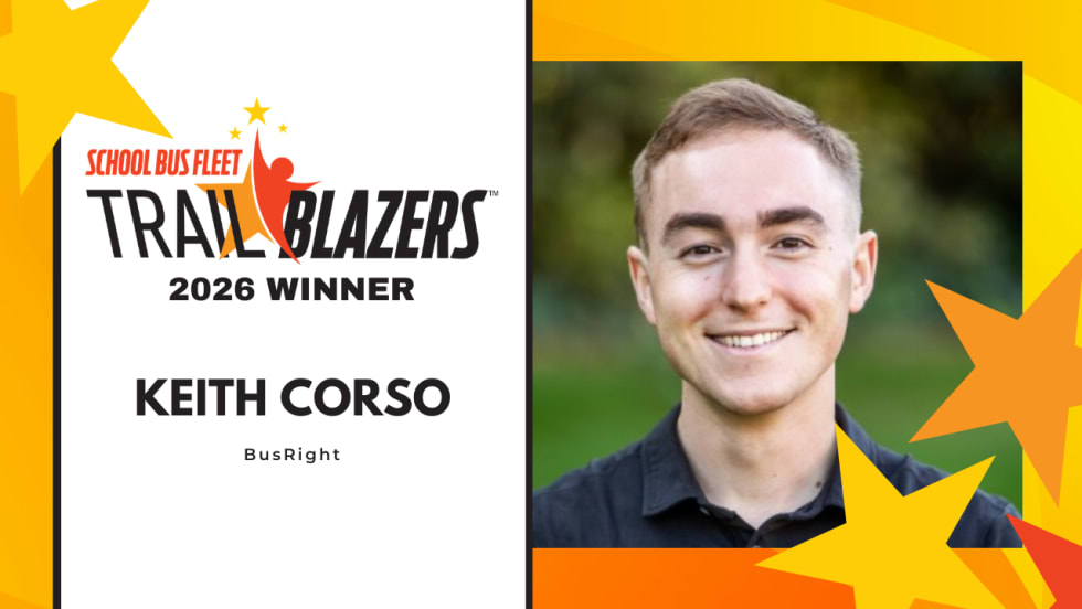 Keith Corso of BusRight recognized as a 2026 School Bus Fleet Trailblazers winner, shown in a headshot alongside the Trailblazers award graphic.