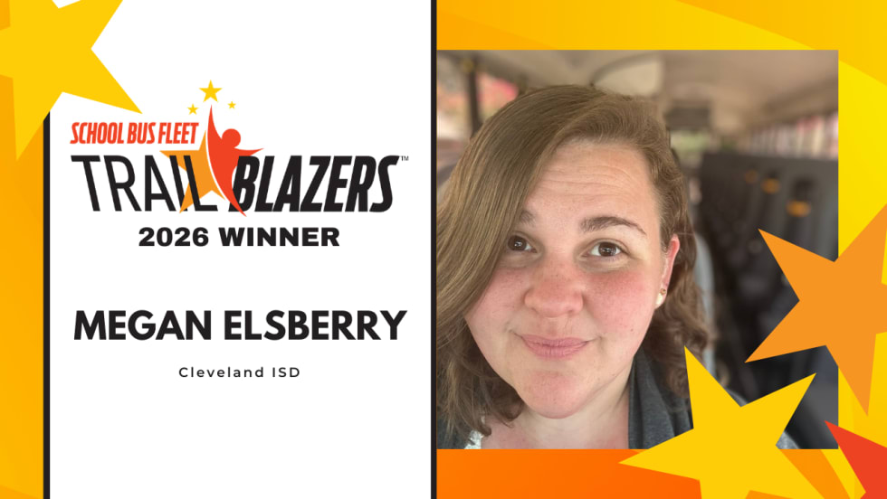 Megan Elsberry of Cleveland ISD recognized as a 2026 School Bus Fleet Trailblazers winner, pictured in a headshot with the Trailblazers award graphic.