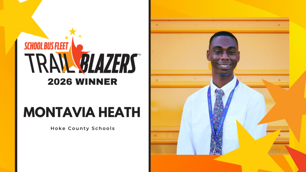 Montavia Heath of Hoke County Schools recognized as a 2026 School Bus Fleet Trailblazers winner, shown in a headshot in front of a school bus with the Trailblazers award graphic.