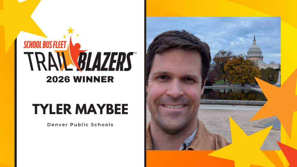 Tyler Maybee of Denver Public Schools recognized as a 2026 School Bus Fleet Trailblazers winner, shown in a headshot with the U.S. Capitol in the background and the Trailblazers award graphic.