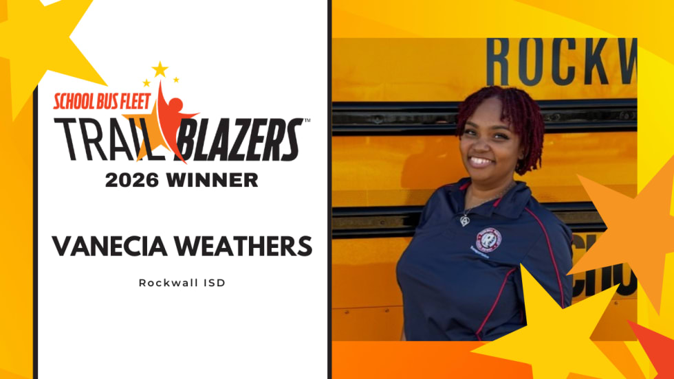 Vanecia Weathers recognized as a 2026 School Bus Fleet Trailblazers winner, pictured in a headshot with the Trailblazers award graphic.