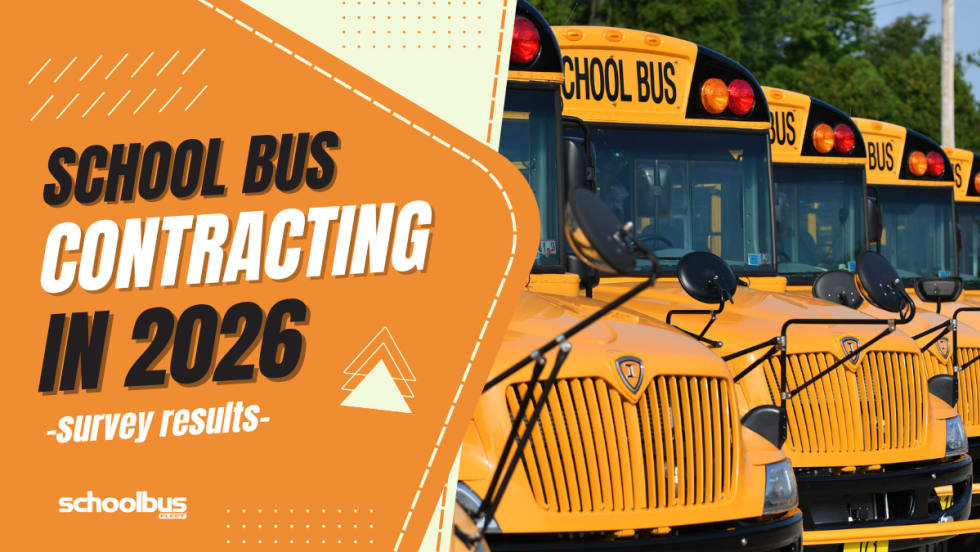 Row of yellow school buses parked side by side beside graphic text reading “School Bus Contracting in 2026 – Survey Results.”