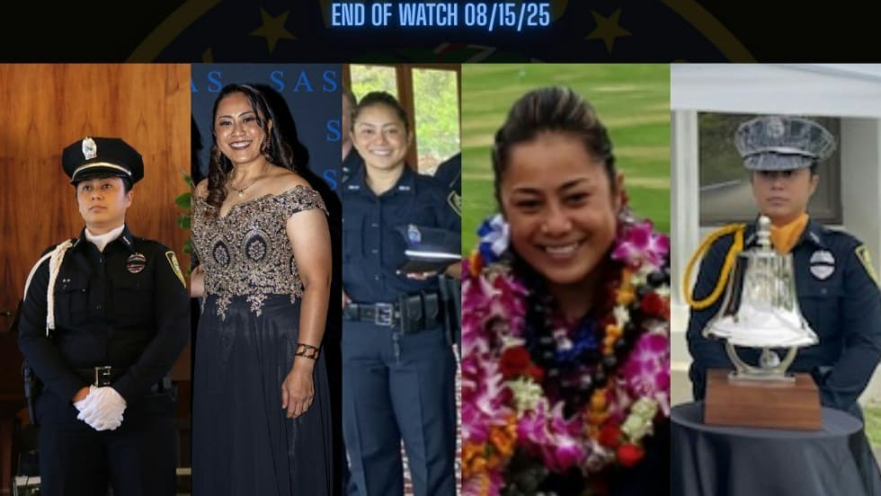 Memorial tribute collage for Officer Suzanne O, showing police career highlights
