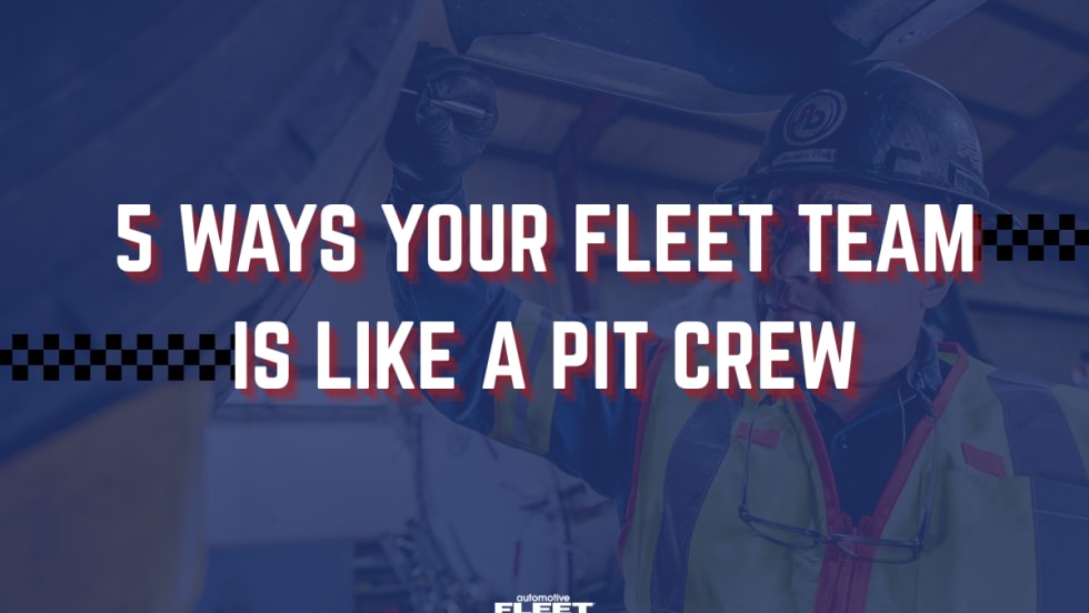 Fleet technician works beneath a vehicle beside text reading “5 Ways Your Fleet Team Is Like a Pit Crew” in a motorsports-inspired graphic.
